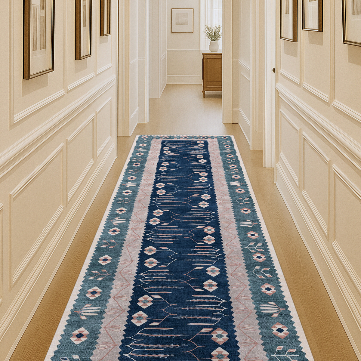 Marceline Navy Blue Floral Turkish Kilim Rug