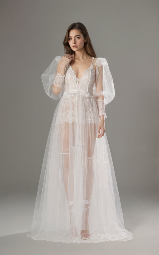 Luxury Sheer Lace Tulle Long Robe with Puff Sleeves | Bridal Boudoir Getting Ready Gown