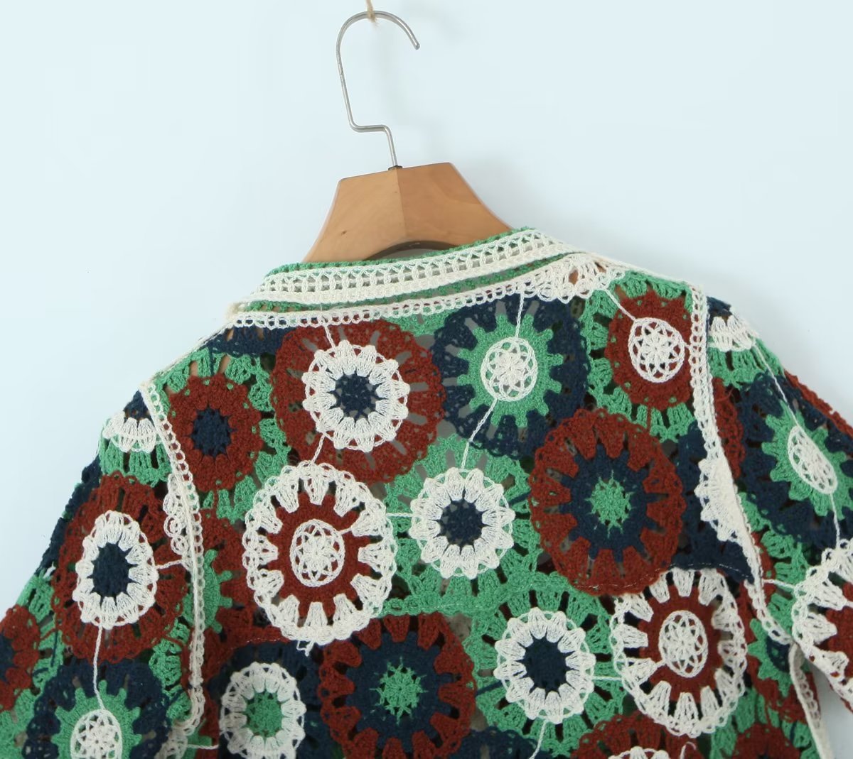 Retro Lapels Crocheted Top Spring Women Clothing Years Contrast Color Breasted Short Sweater