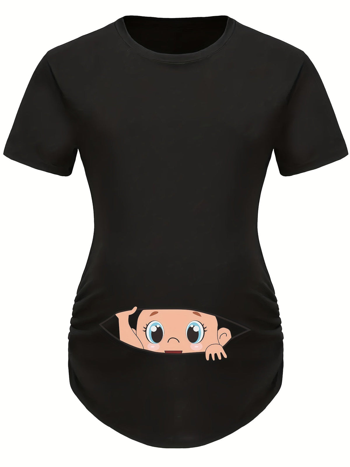 Letter Printed Short-sleeved Maternity Wear Black T-shirt with Big-eyed Baby Pattern