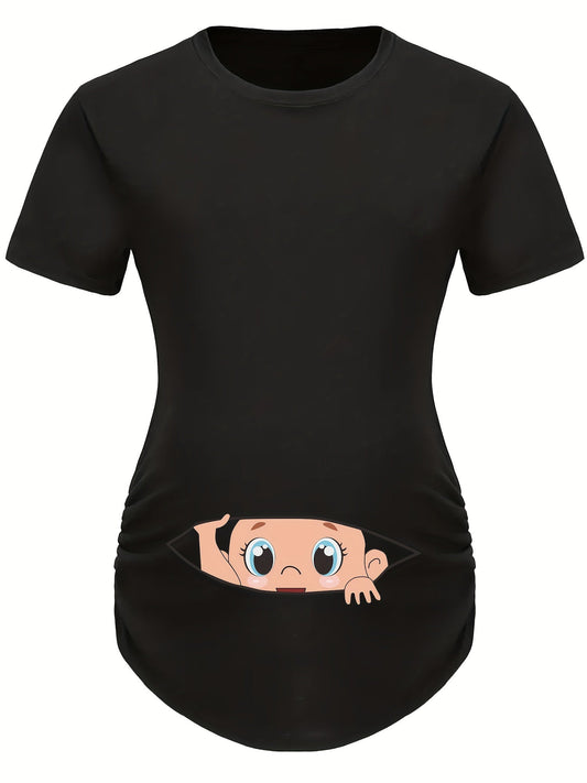 Letter Printed Short-sleeved Maternity Wear Black T-shirt with Big-eyed Baby Pattern
