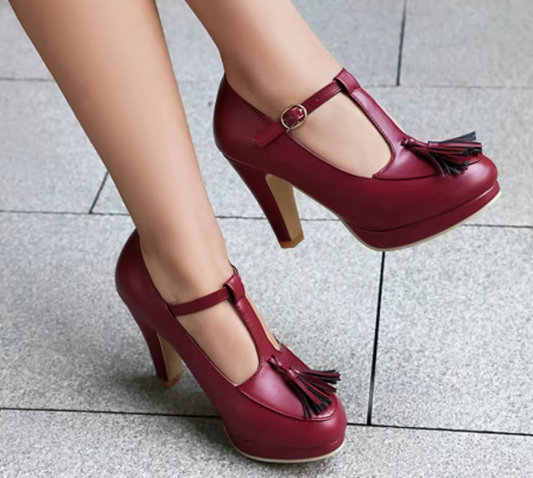NASBAVI Fashion Female Pumps Round Toe Chunky Heels 9cm Platform 1.5cm Buckle T-Strap Tassels Plus Size 46 47 48 Sexy Shoes