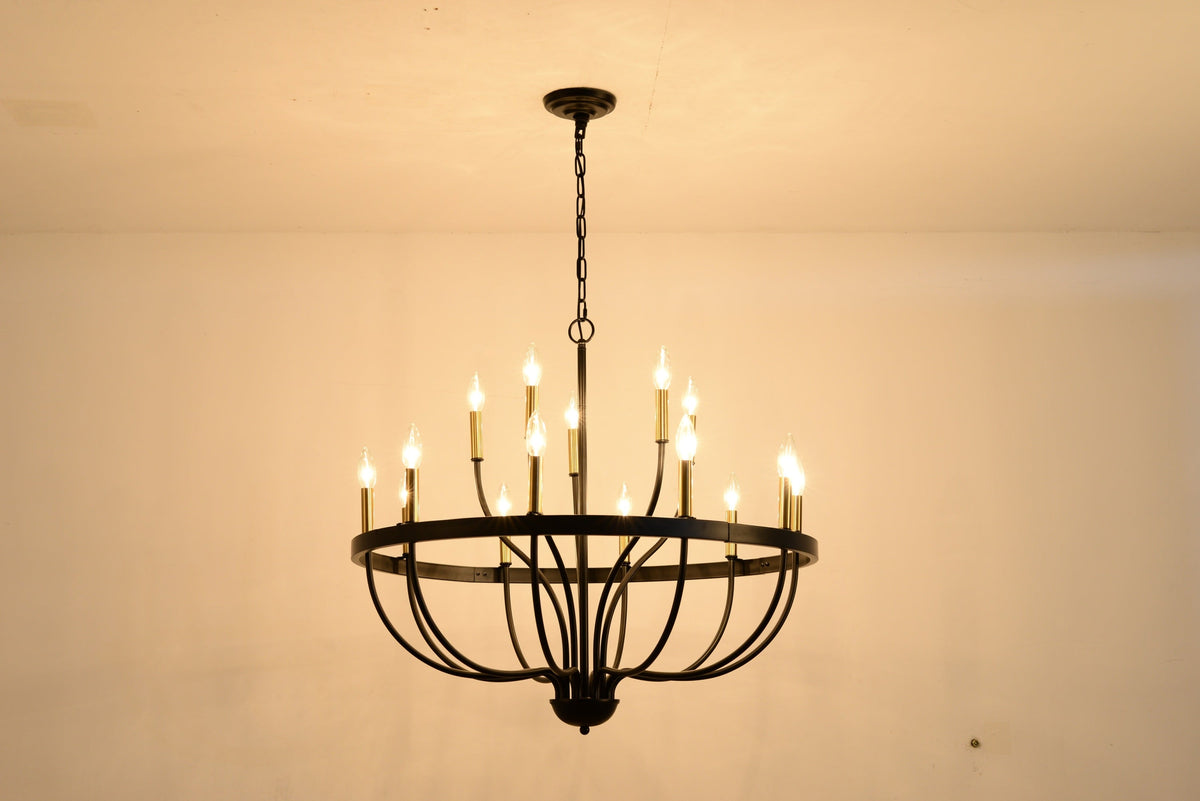 18-Light Industrial Iron Candle Chandelier with Adjustable Height - Gold & Black