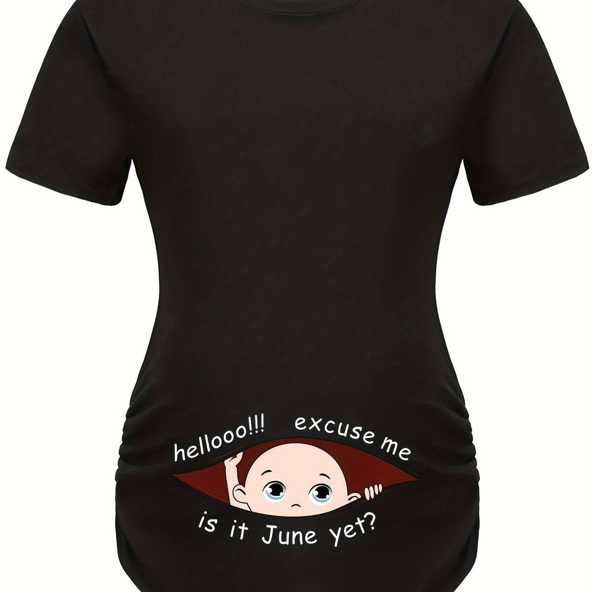 Hello Month & Cartoon Character Print Maternity T-Shirt, Round Neck Short Sleeve Pregnant Women's Top for Pregnancy Announcement - Comfortable Fit