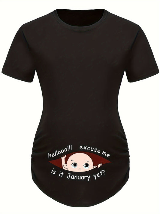 Hello Month & Cartoon Character Print Maternity T-Shirt, Round Neck Short Sleeve Pregnant Women's Top for Pregnancy Announcement - Comfortable Fit