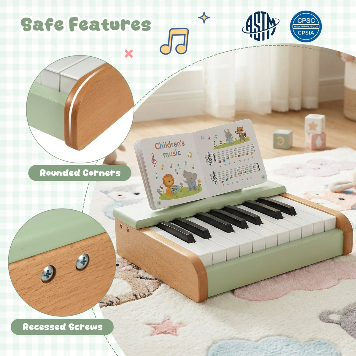 18-Key Wooden Piano for Kids with Music Stand