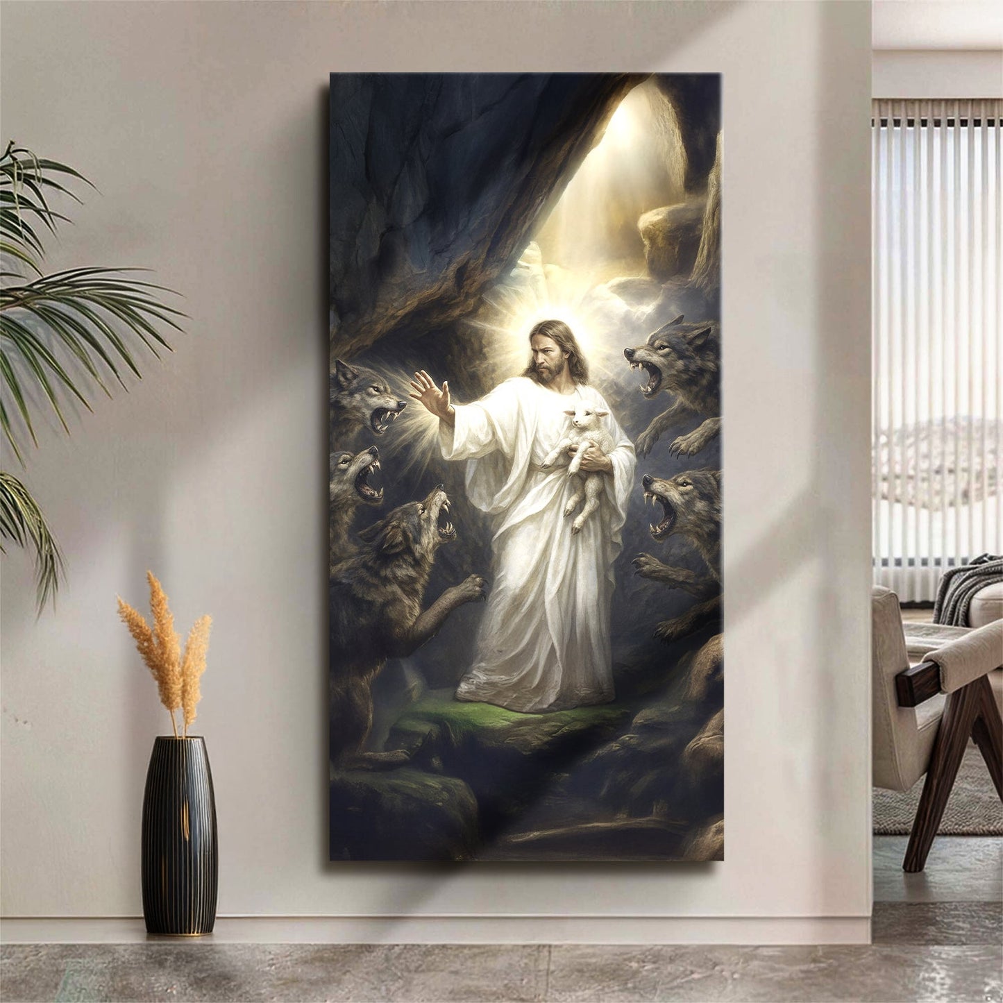 Jesus Protects The Lamb From Wolves Faith Wall Art XV