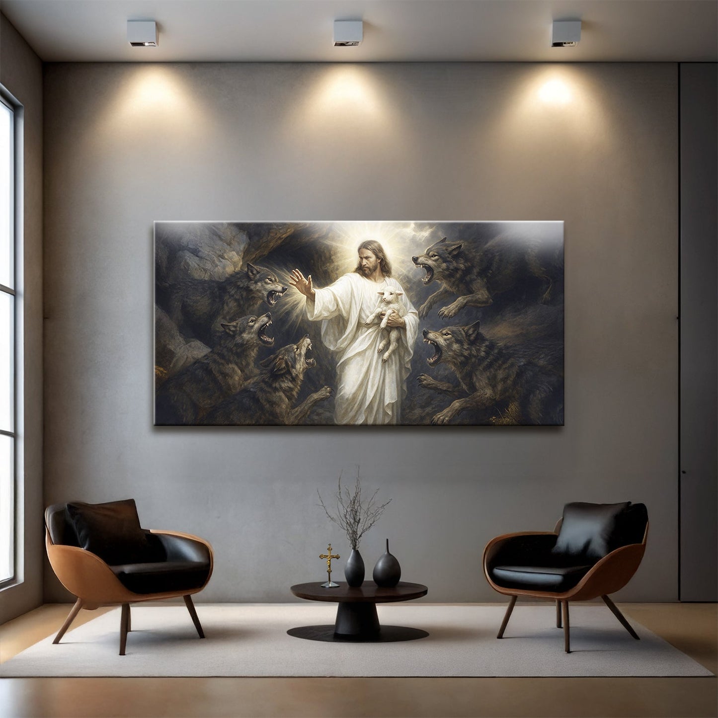 Jesus Protects The Lamb From Wolves Faith Wall Art XIV