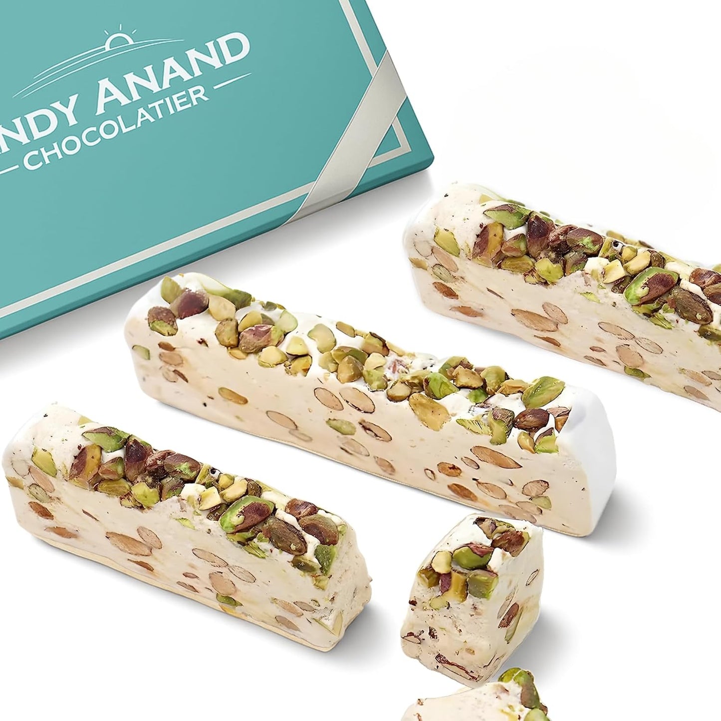 Andy Anand Gluten Free Roasted Pistachios Nougat Brittle – European Soft Nougat with Wildflower Honey & Roasted Nuts, 7 Oz