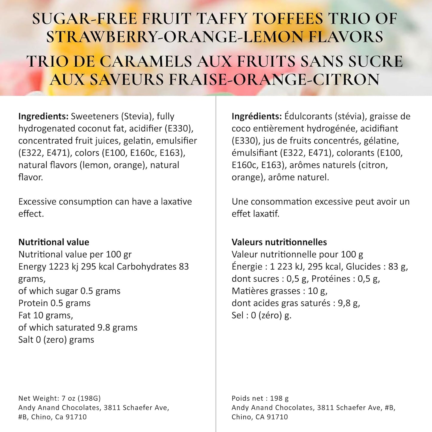 Andy Anand Sugar Free Fruit Taffy Toffees – Strawberry, Orange & Lemon Trio, Gluten Free, 35 Pc 7 Oz, Made in Europe