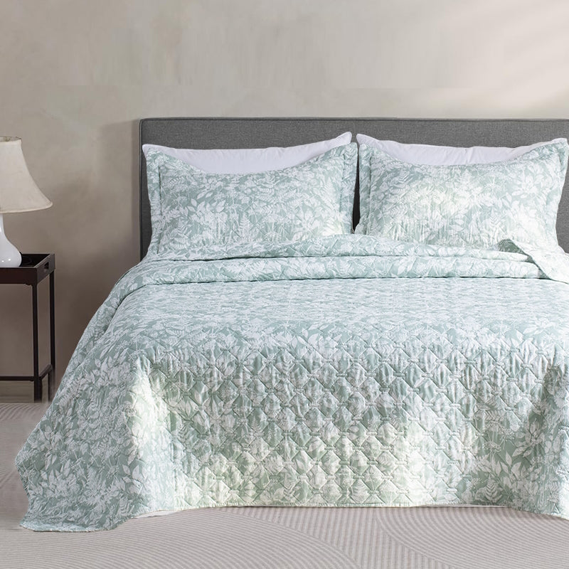 Lightweight Botanical Green Floral Quilt Set - Light All Season Bedding, Room Decor, Graduation Gifts