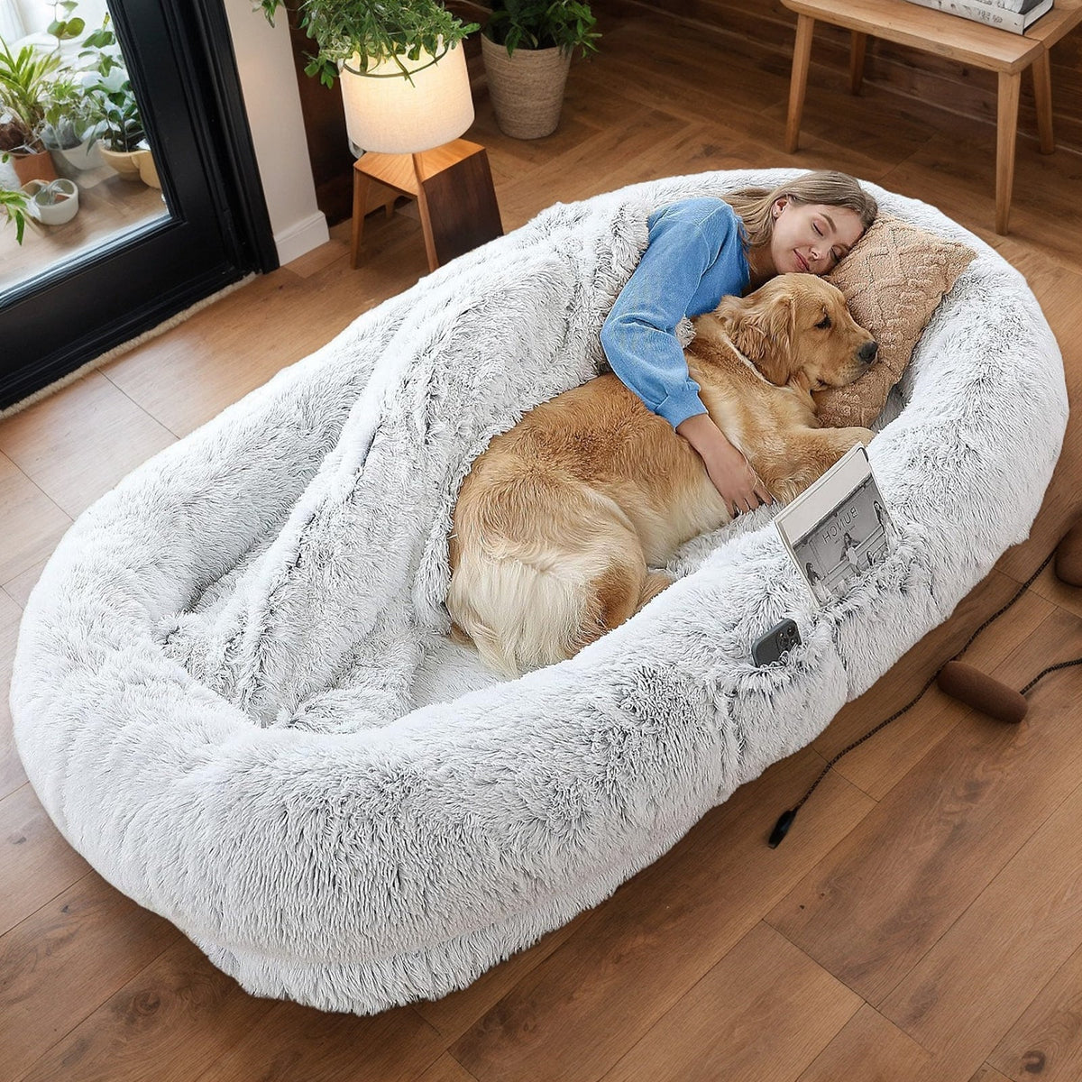 Orthopedic Human Dog Bed with Washable Faux Fur Cover - Grey