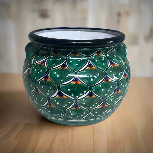 Vibrant Talavera Flower Pot | Green Peacock Design