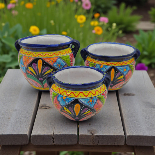Cobalt Blue Rim Talavera Pot Trio | Small Hand-Painted Planters