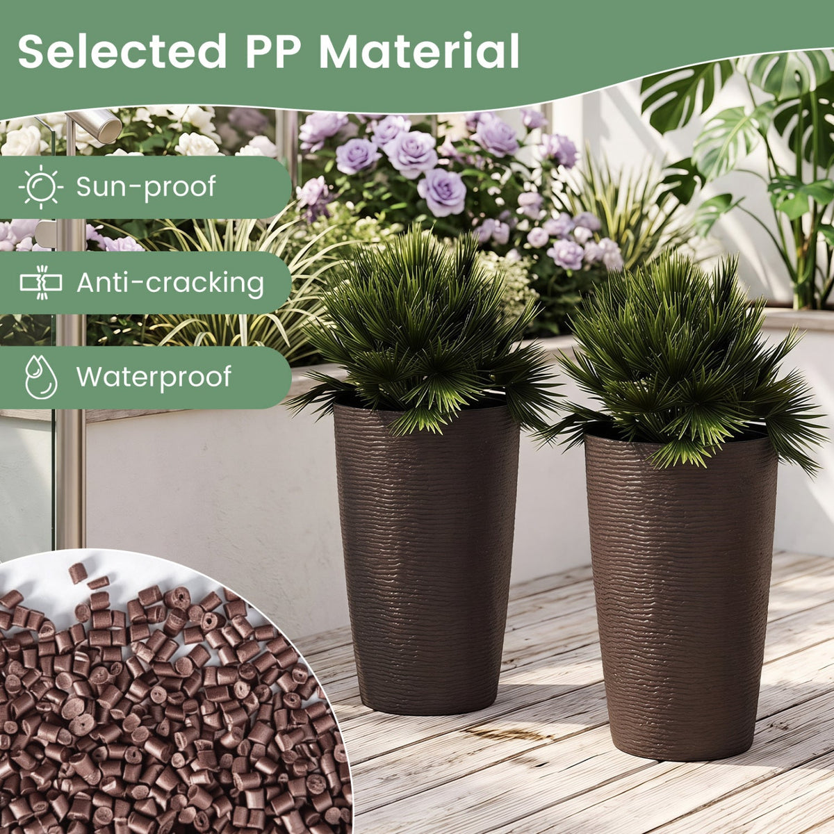 Round Plastic Planters Set of 2, 21 Inch Tall with Drainage