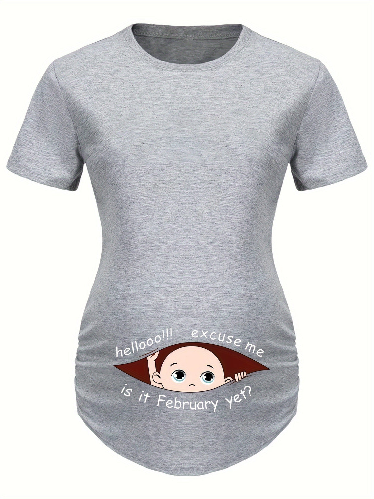 Hello Month & Cartoon Character Print Maternity T-Shirt, Round Neck Short Sleeve Pregnant Women's Top for Pregnancy Announcement - Comfortable Fit