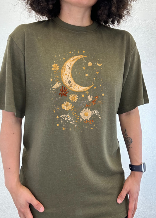 Celestial Moon Boho Flowers Vintage Unisex Bamboo/Cotton Graphic T-Shirt
