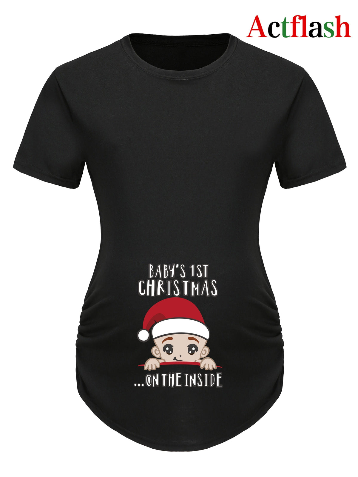 Actflash Festive Christmas Youngsters Print Maternity Tee - Comfy Polyester & Spandex Blend, Crew Neck, Short Sleeve, Perfect for Summer, Christmas Hat, Cute Youngsters Announcement Shirt