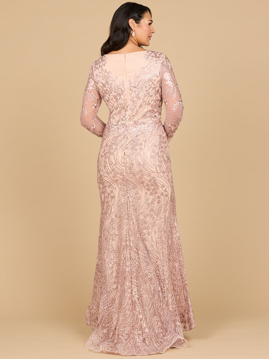 Long Sleeve Gown with Overskirt & Illusion Neckline
