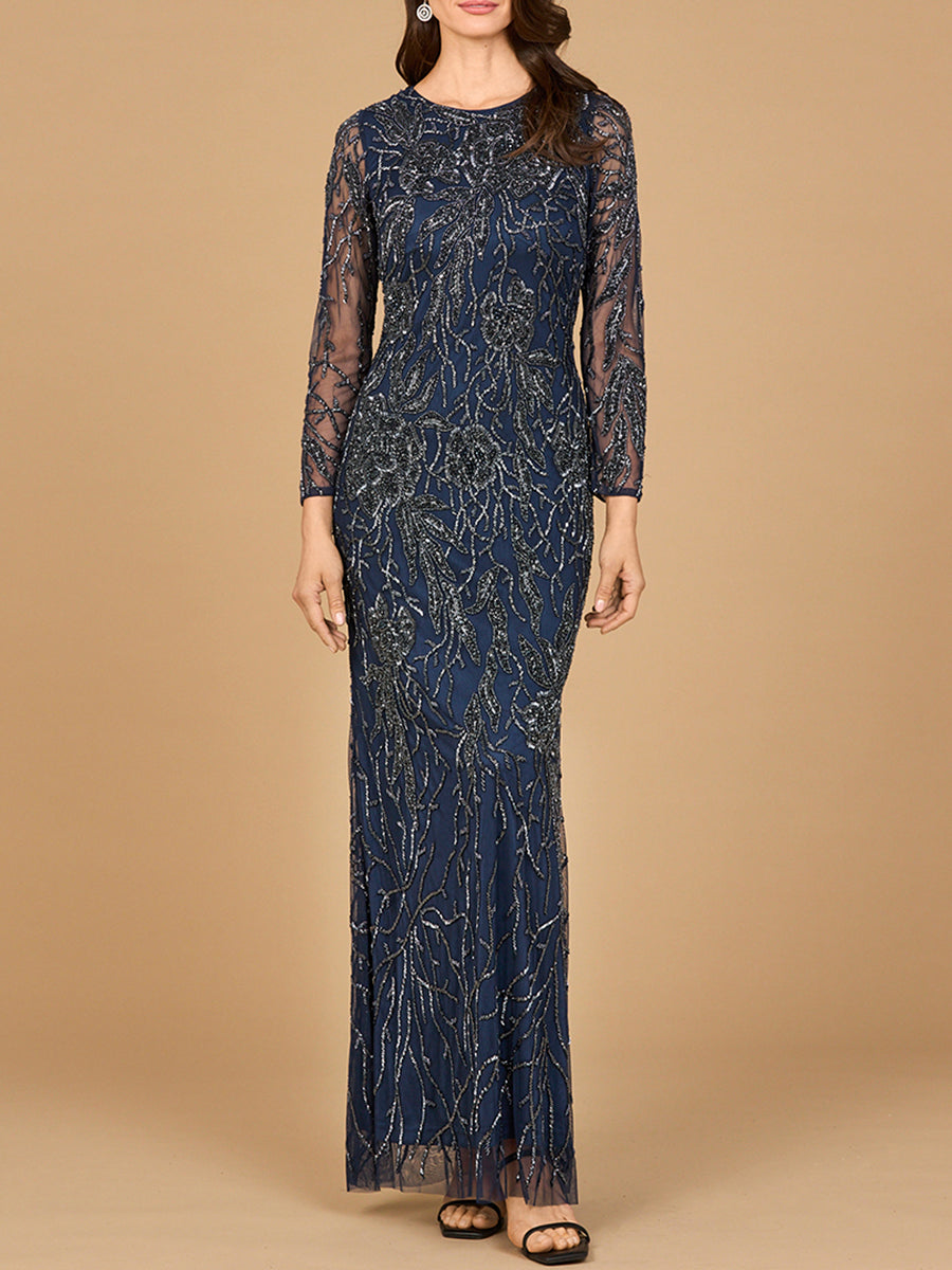 High Neck, Long Sleeve Beaded Gown