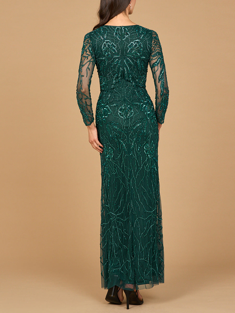 High Neck, Long Sleeve Beaded Gown