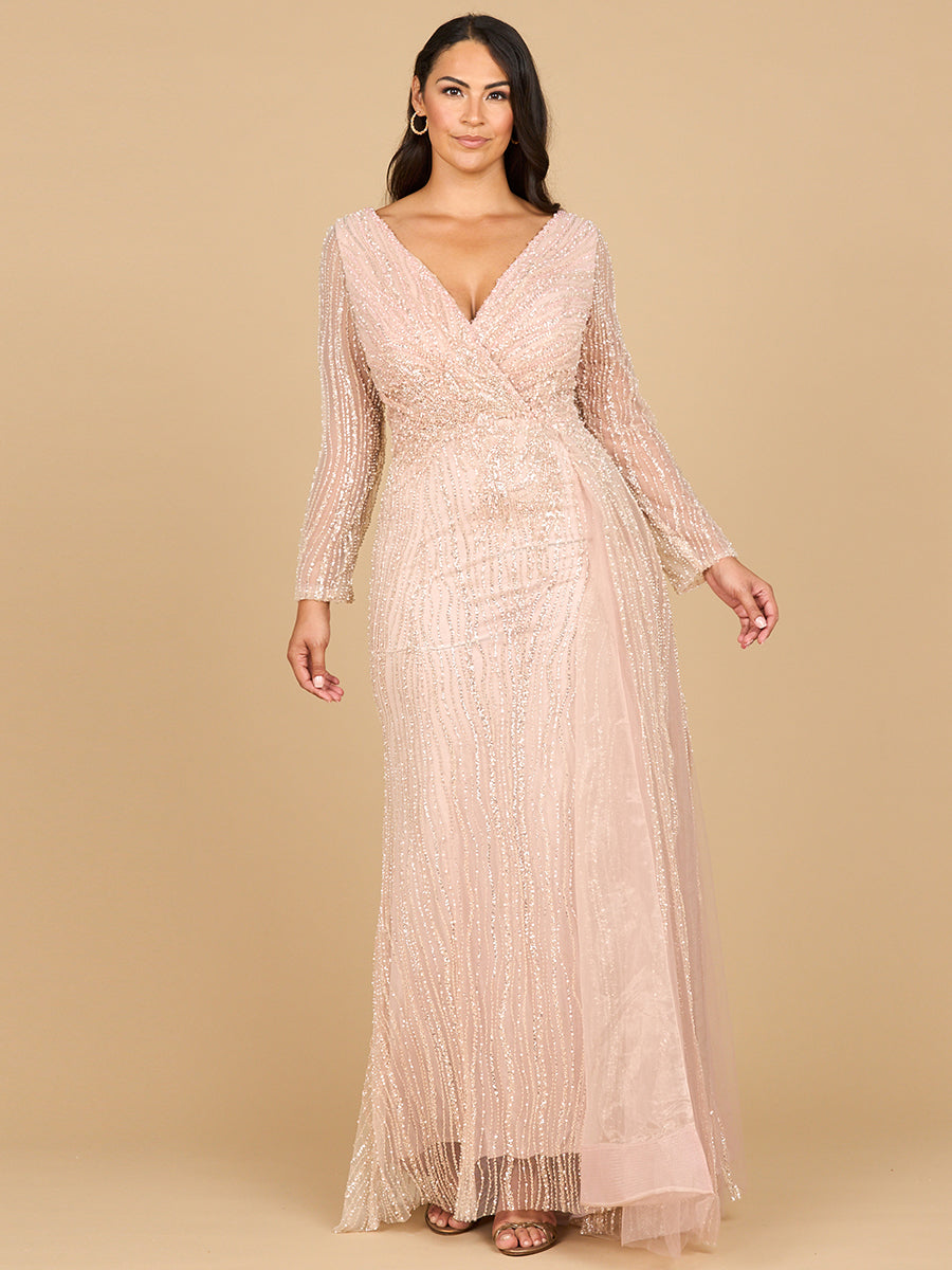 Long Sleeve V-Neck Gown with Drape