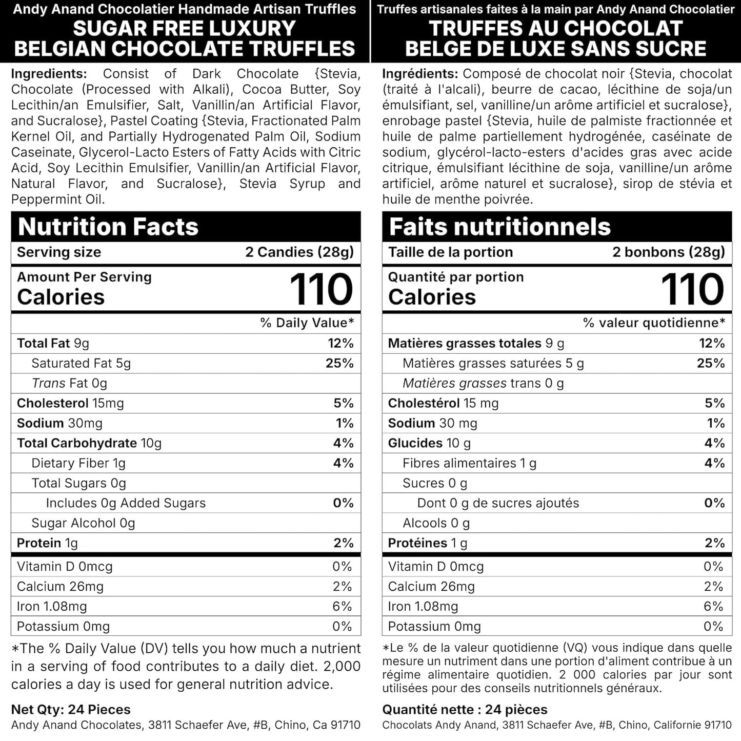 Andy Anand Sugar Free Belgian Chocolate Truffles – 24 Pc Espresso, Hazelnut, Strawberry, Coconut, Cherry & Orange, 60% Cocoa, Gluten Free Gift Box
