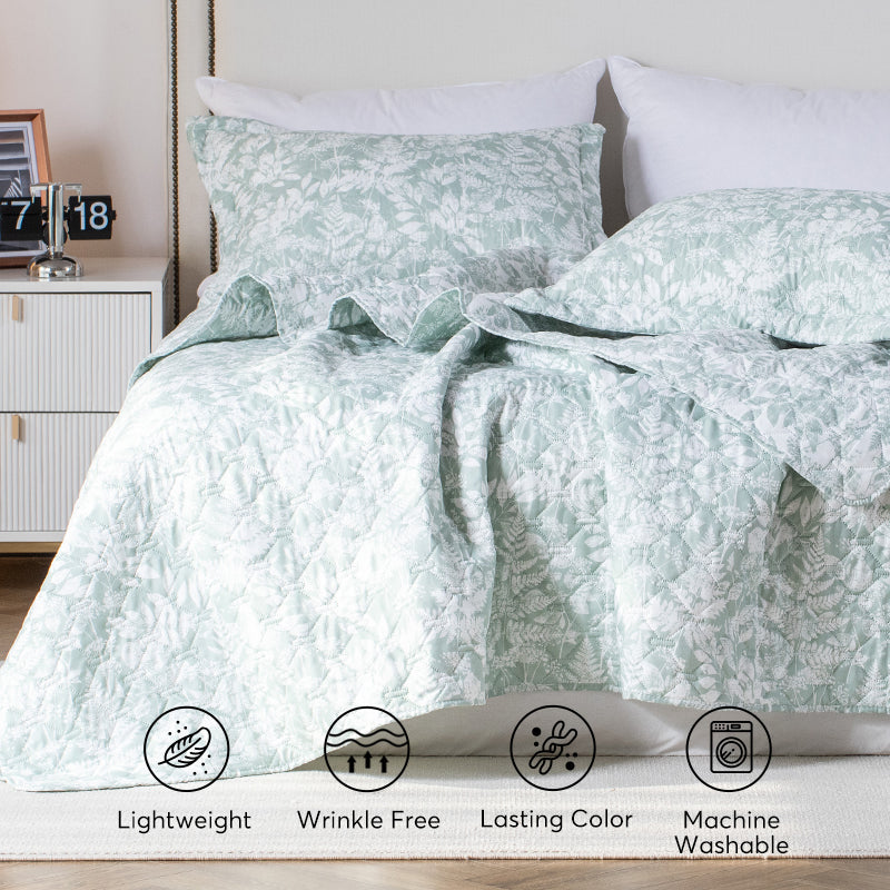 Lightweight Botanical Green Floral Quilt Set - Light All Season Bedding, Room Decor, Graduation Gifts