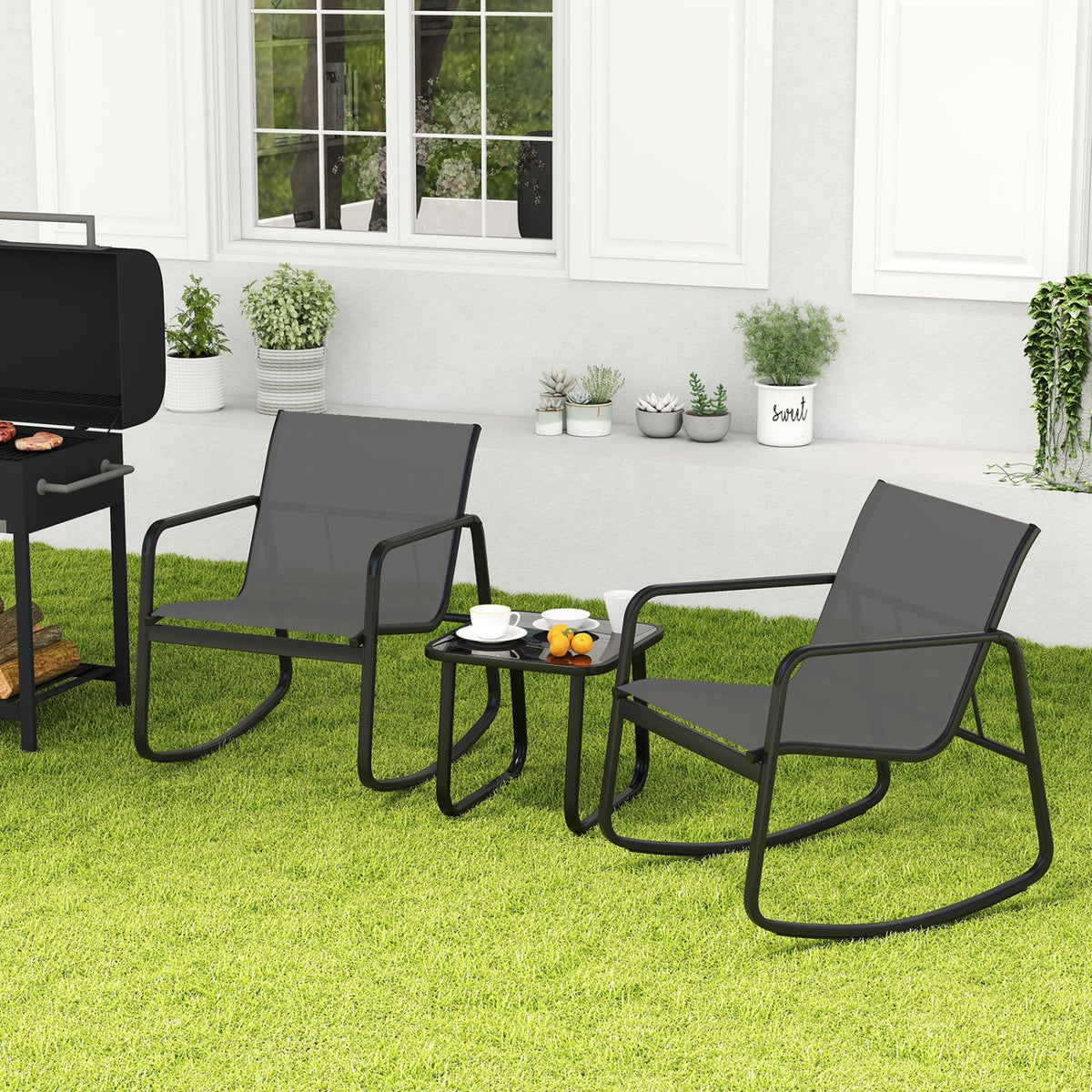 3-Piece Rocking Bistro Set with Glass Table for Patio