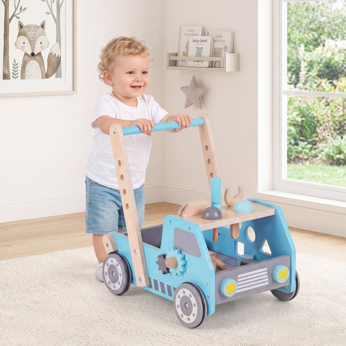 2-in-1 Wooden Baby Walker with Adjustable Speed and Storage