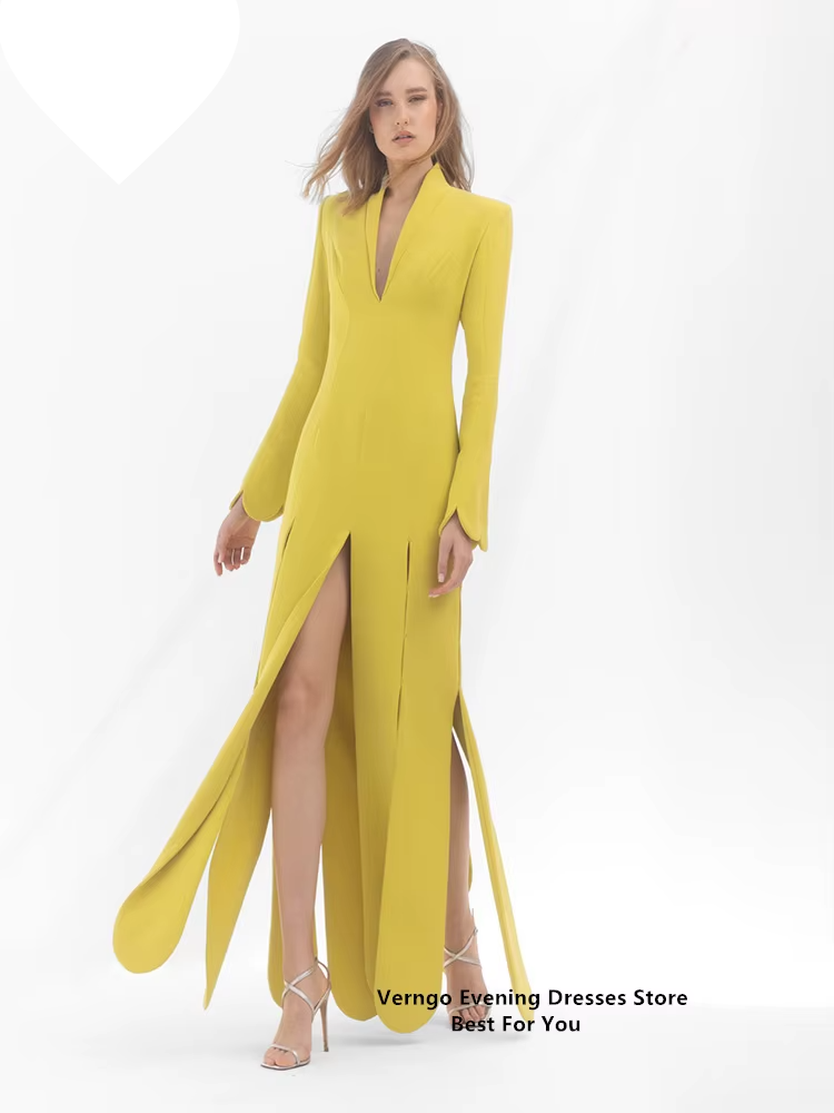 Yellow Soft Satin Long Sleeve Formal Split A Line Gown V Neck Dress