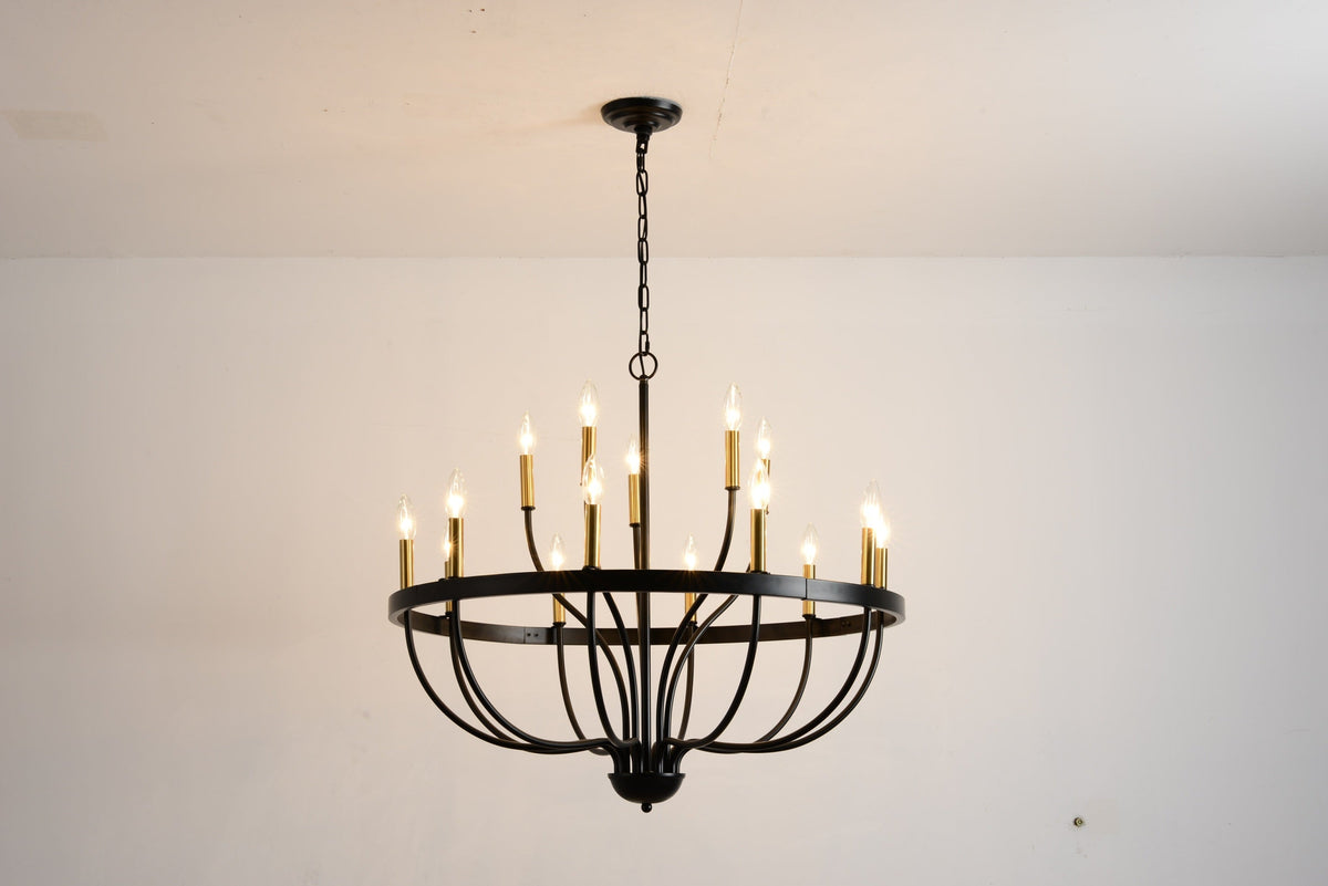 18-Light Industrial Iron Candle Chandelier with Adjustable Height - Gold & Black