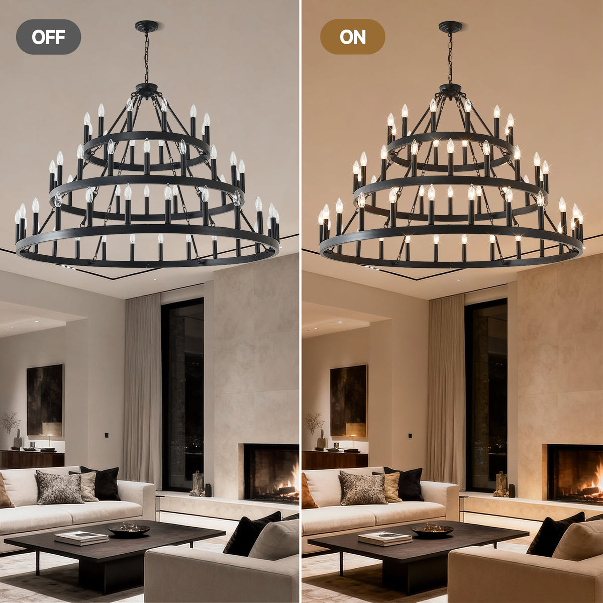 3 Tiers Wagon Wheel Chandelier with 54 Lights - Matte Black