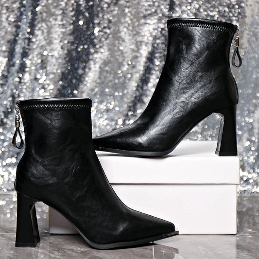 French Style Block Heel Spring Autumn Winter New Ankle Boots Slimming Match Skirt Warm Pointed Toe High Heel Boots Fashion Elegant Fashion Boots