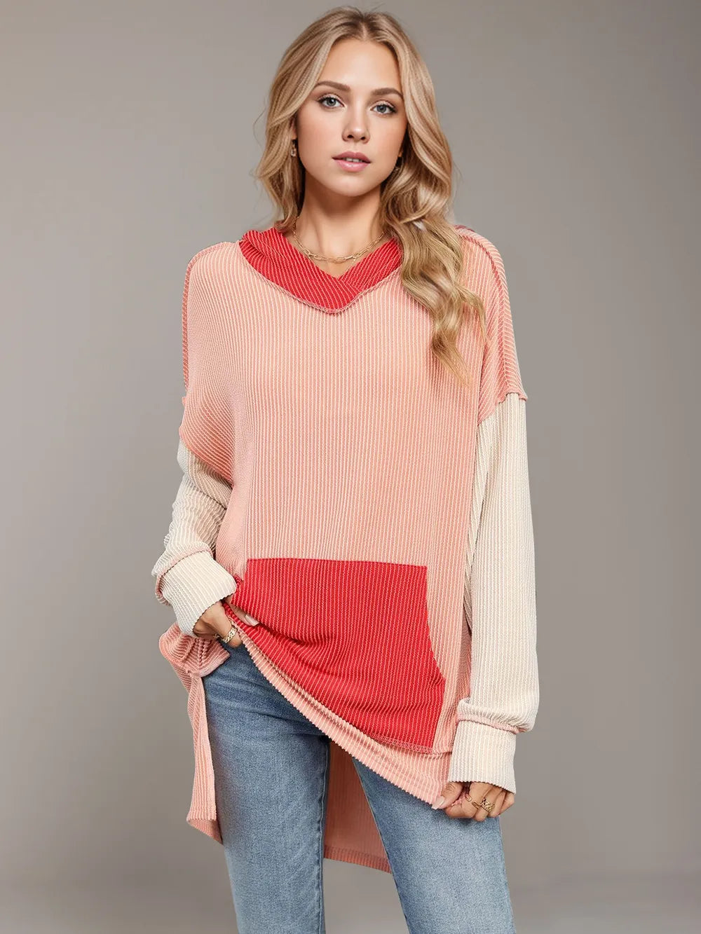 Double Take Contrast Hooded Long Sleeve Top