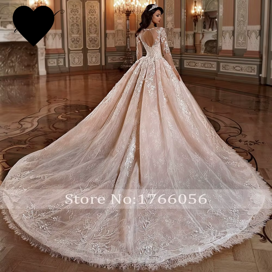 Luxury Long Sleeve Flowers Lace Ball Wedding Dresses Elegant Appliques Beaded Chapel Train