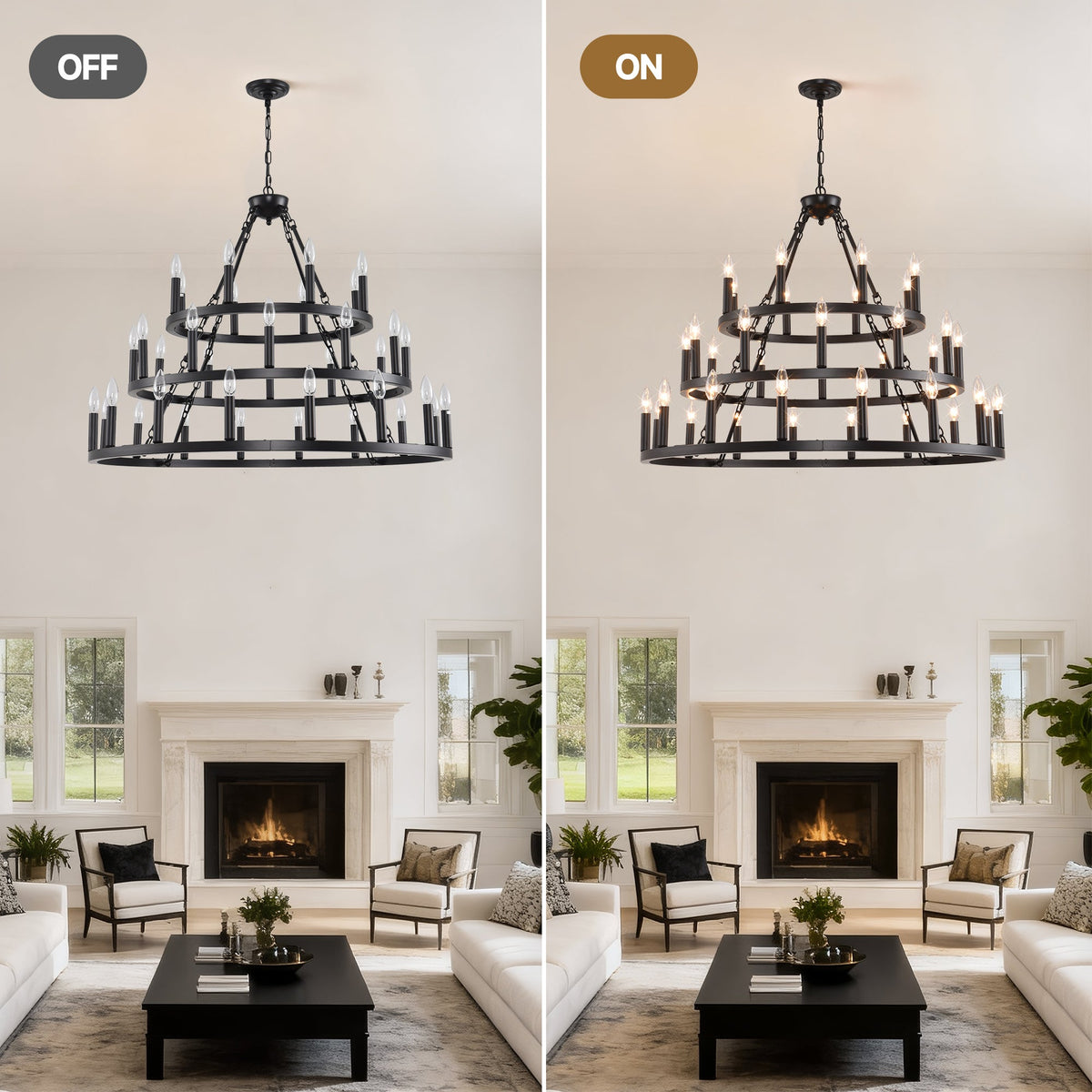 39.37 Inch 3-Tier Wagon Wheel Chandelier with 36 Lights - Matte Black