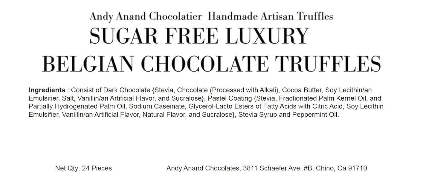 Andy Anand Sugar Free Belgian Chocolate Truffles – 24 Pc Espresso, Hazelnut, Strawberry, Coconut, Cherry & Orange, 60% Cocoa, Gluten Free Gift Box