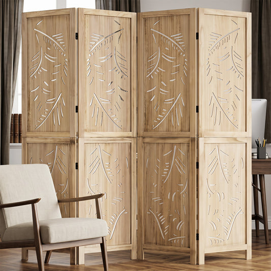 4-Panel Wooden Room Divider with Palm Leaf Design, 67" Tall