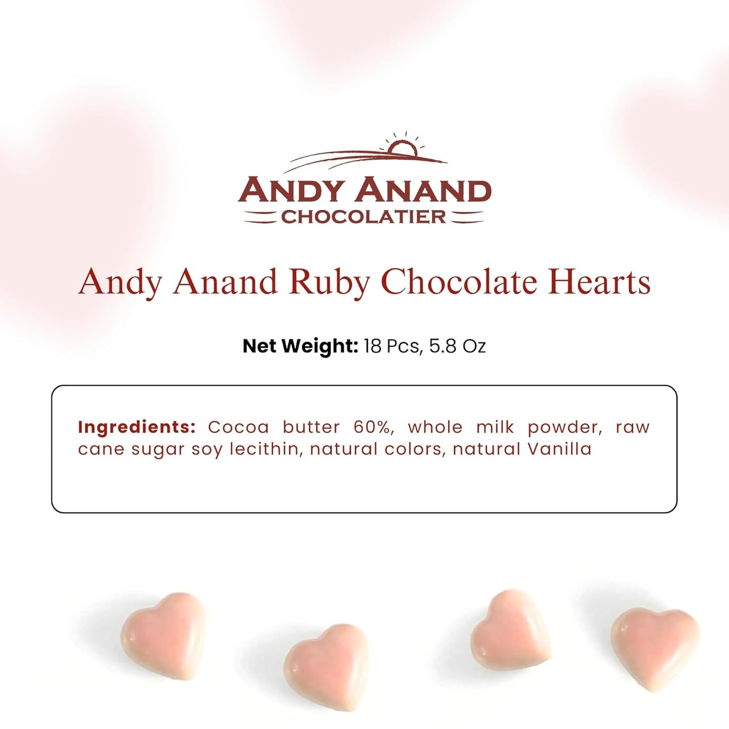 Andy Anand Gluten Free Ruby Chocolate Hearts Truffles 18 Pc – 60% Cacao, Nut Free, Gourmet Metal Box, Silky Rich Gift for White Chocolate Lovers