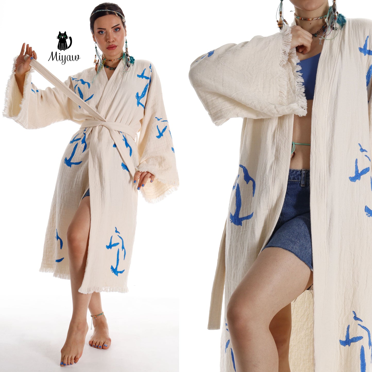 Handcrafted Seagull Print Kimono Robe in Organic Cotton - Bohemian Beach Cover Up