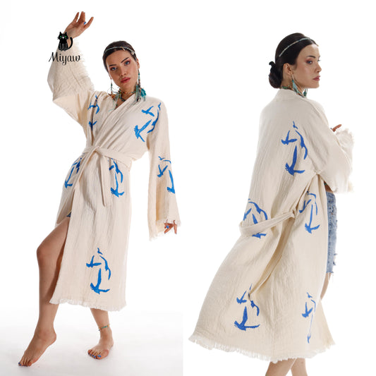Handcrafted Seagull Print Kimono Robe in Organic Cotton - Bohemian Beach Cover Up