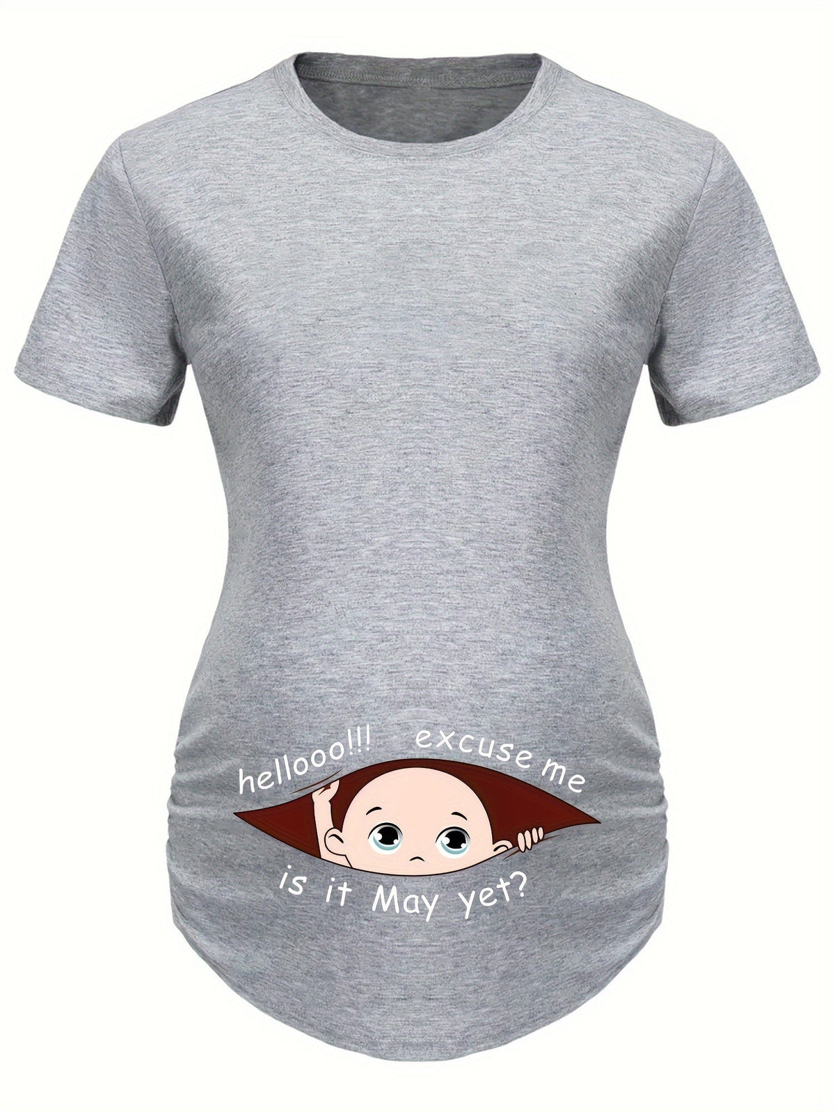 Hello Month & Cartoon Character Print Maternity T-Shirt, Round Neck Short Sleeve Pregnant Women's Top for Pregnancy Announcement - Comfortable Fit