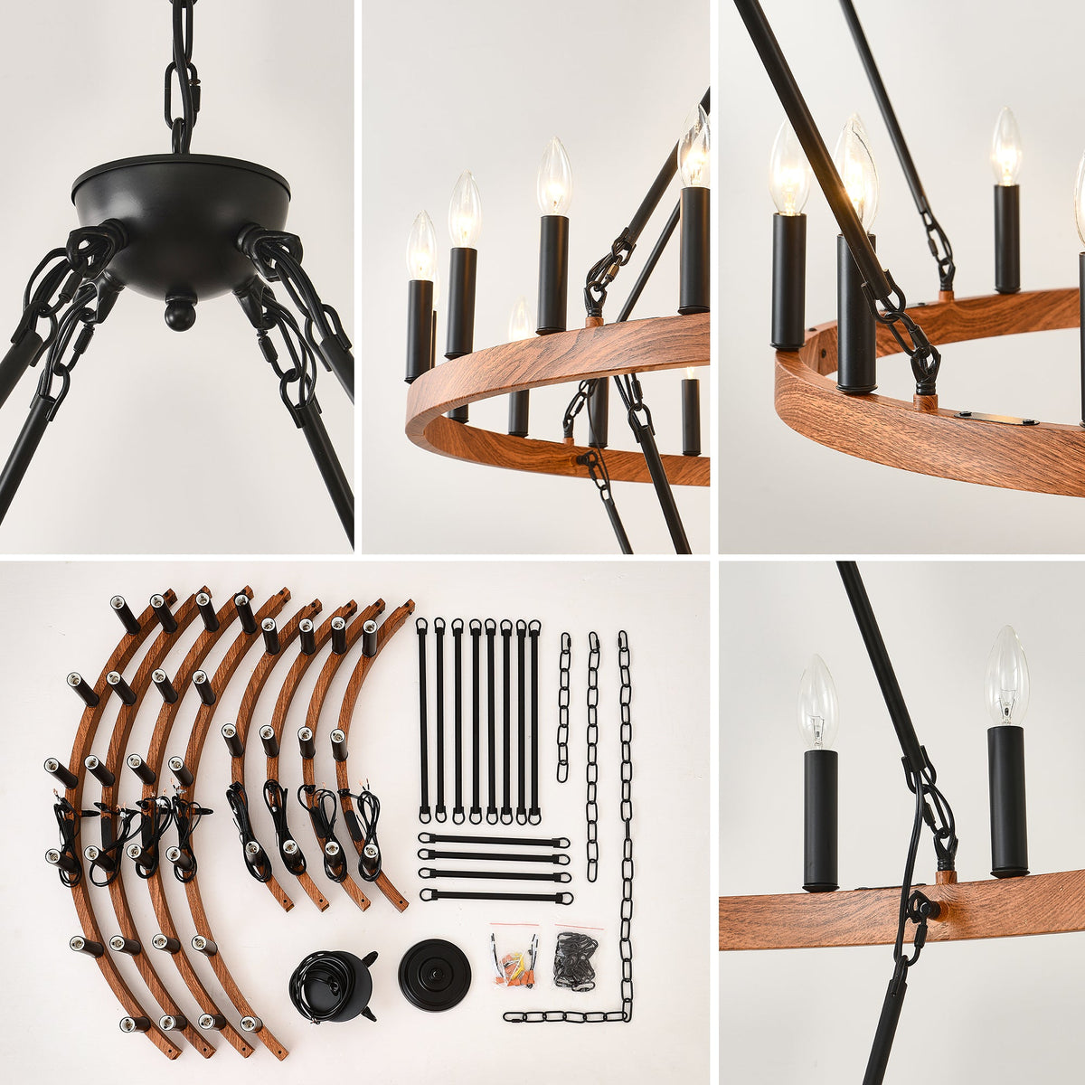 47.24 Inch Large Wagon Wheel Chandelier with 36 Lights - Wood Grain Finish