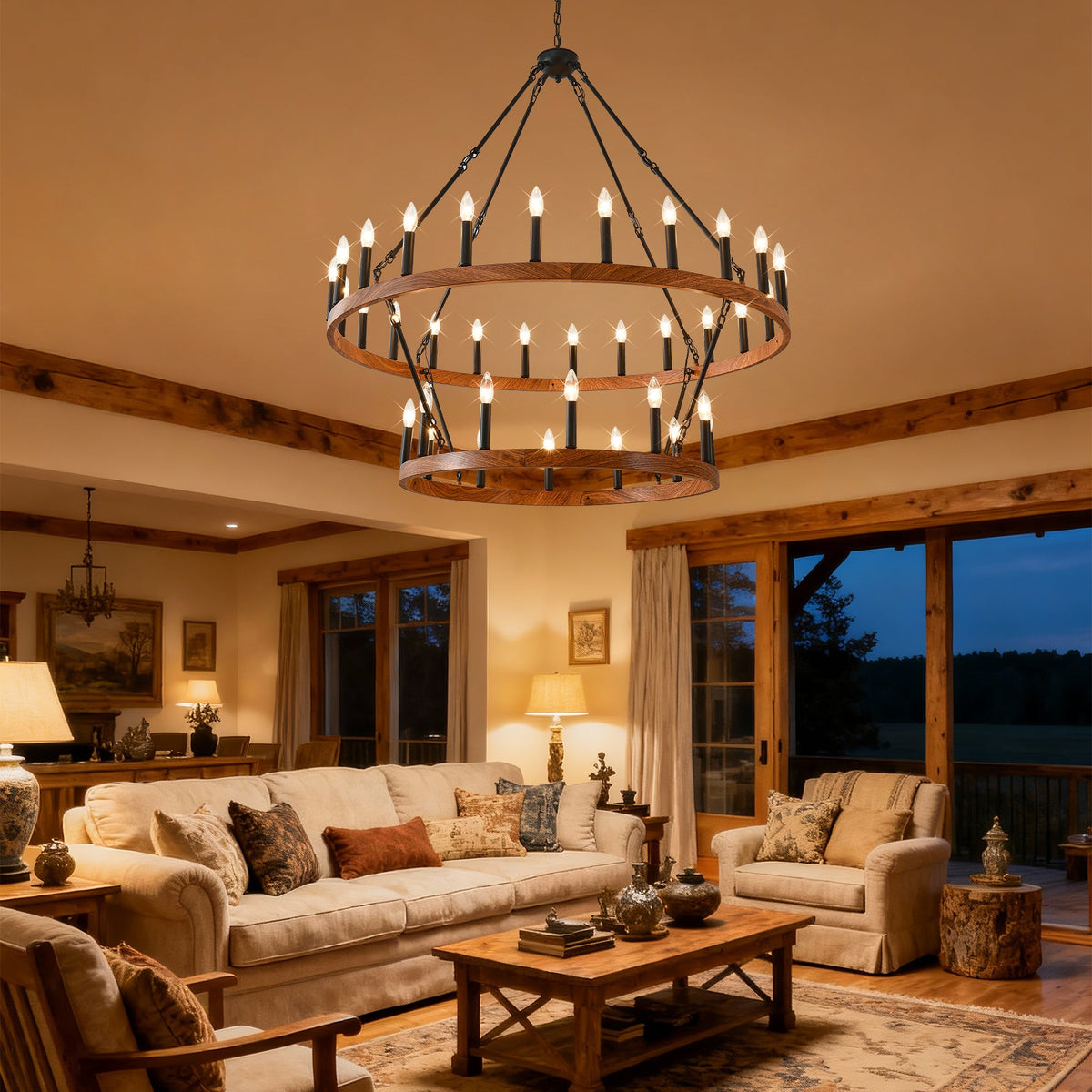 47.24 Inch Large Wagon Wheel Chandelier with 36 Lights - Wood Grain Finish