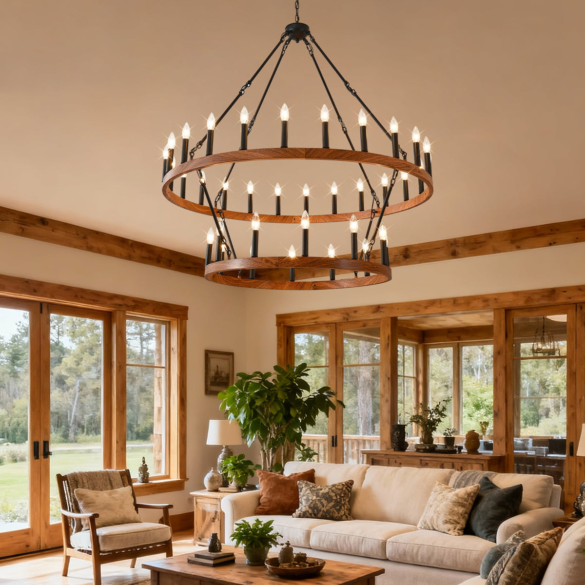 47.24 Inch Large Wagon Wheel Chandelier with 36 Lights - Wood Grain Finish