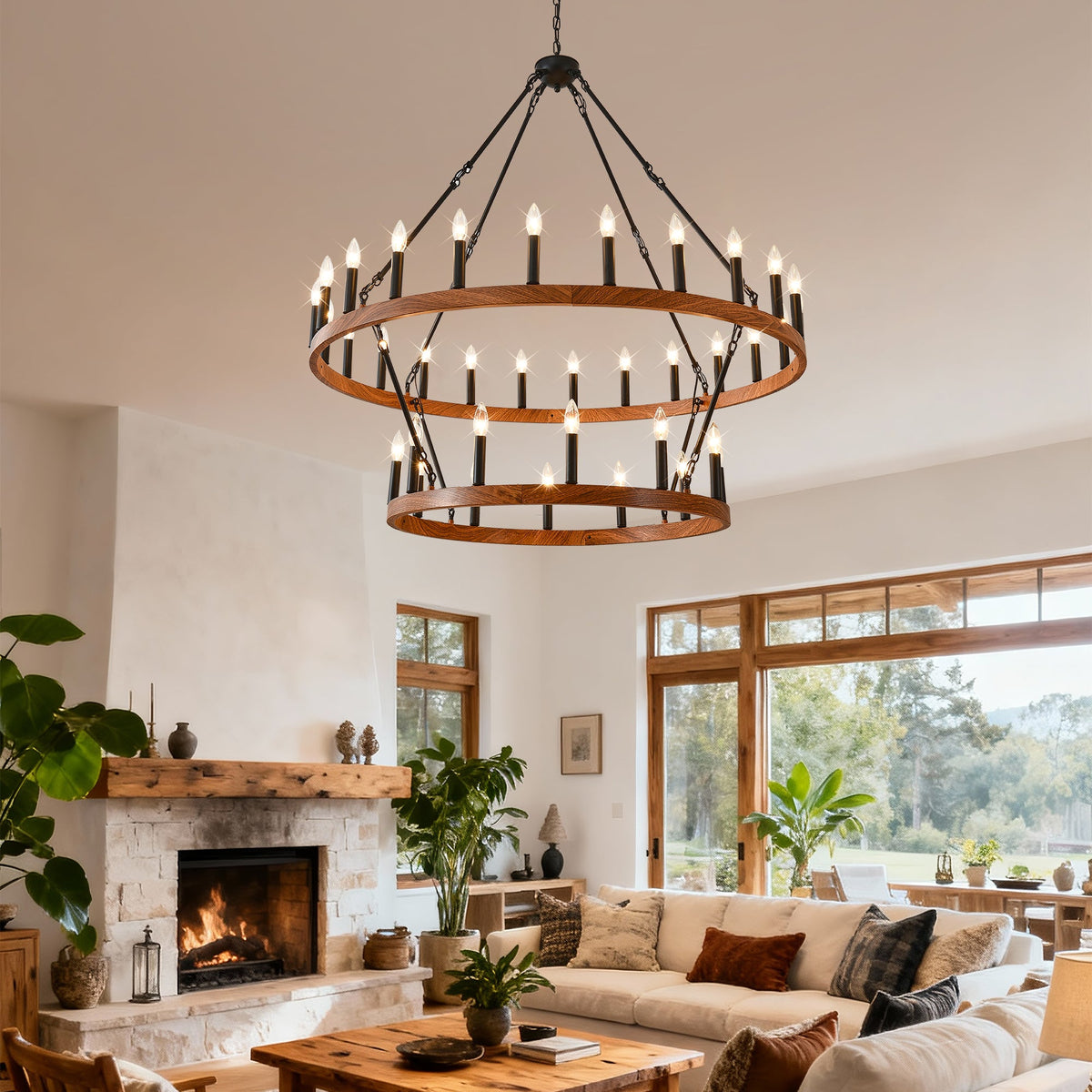 47.24 Inch Large Wagon Wheel Chandelier with 36 Lights - Wood Grain Finish