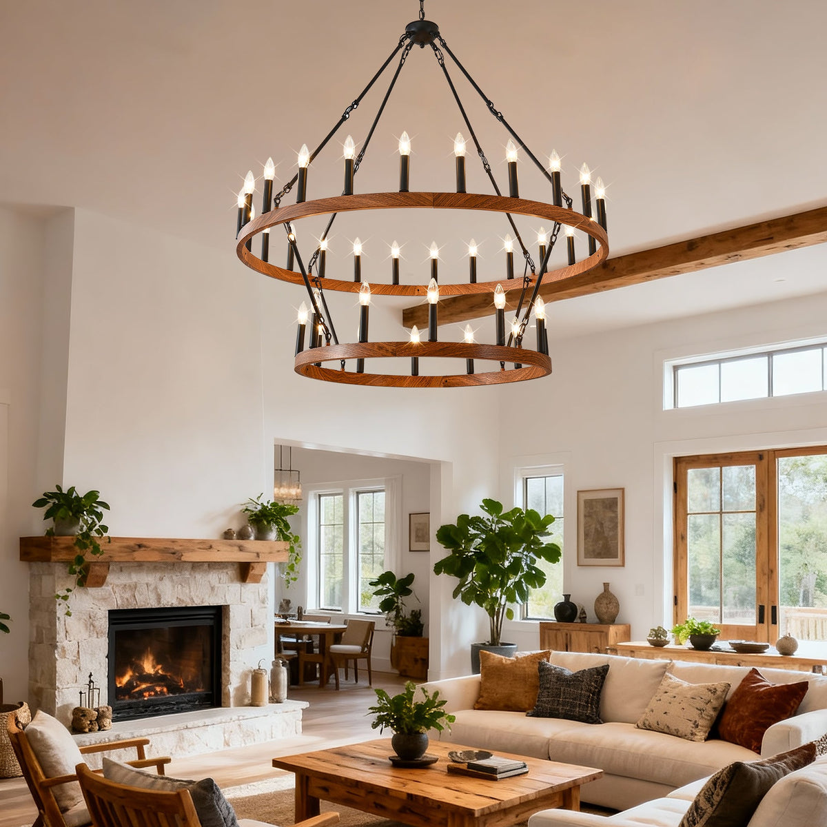 47.24 Inch Large Wagon Wheel Chandelier with 36 Lights - Wood Grain Finish