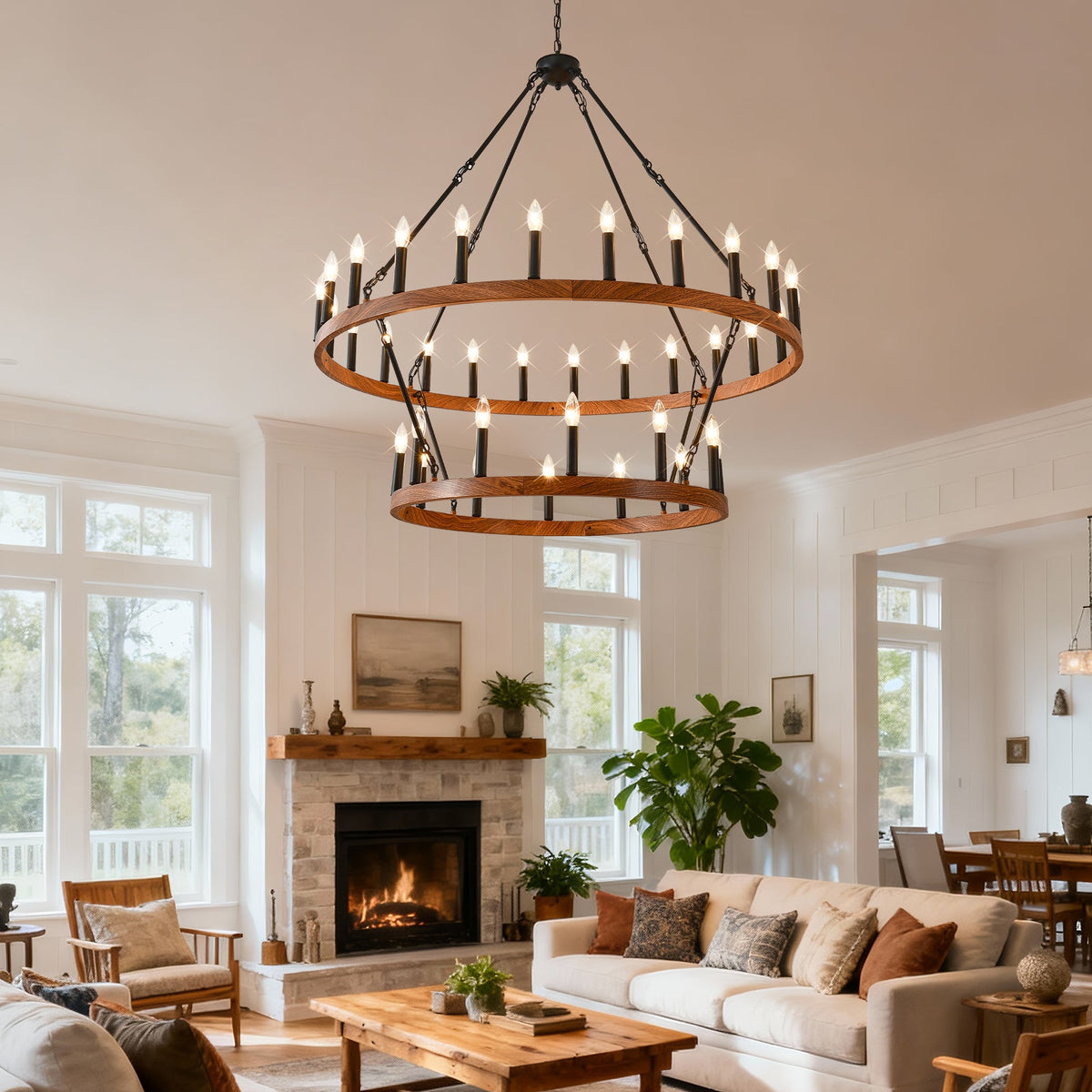 47.24 Inch Large Wagon Wheel Chandelier with 36 Lights - Wood Grain Finish
