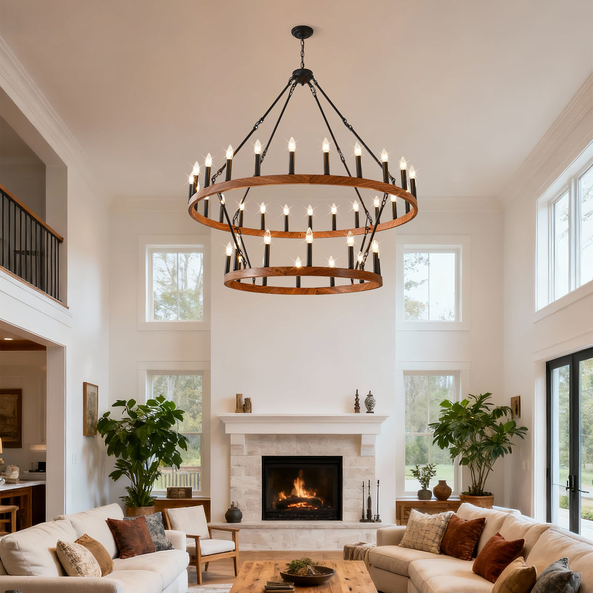 47.24 Inch Large Wagon Wheel Chandelier with 36 Lights - Wood Grain Finish